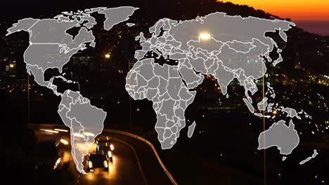 world map animation over cityscape with cars on winding road at night