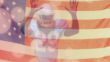 animation of african american american football player and flag of usa