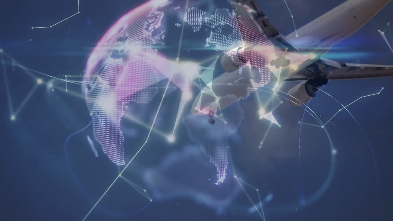 Flying airplane over digital globe with animation of network connections
