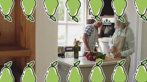 animation of pear icons over senior caucasian couple cooking