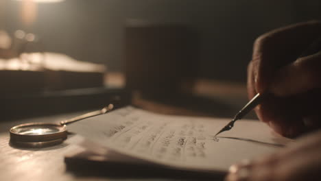 old passionate man writes a letter in his office at night