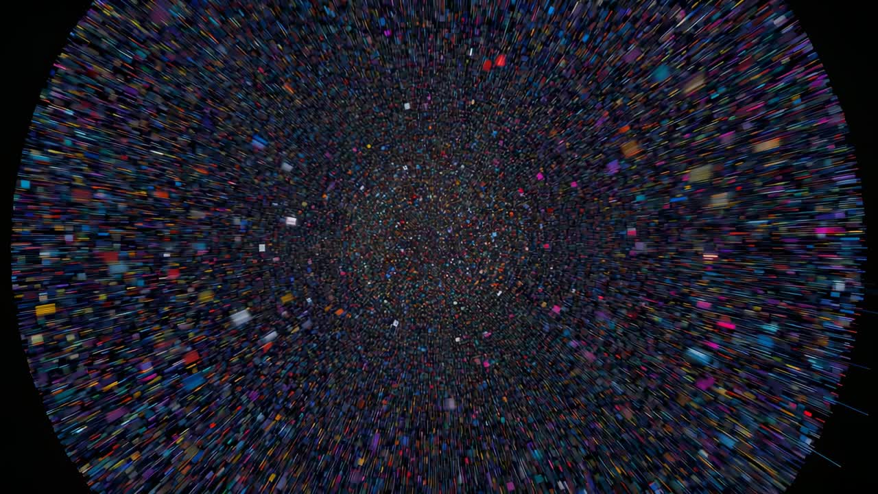 Orbite animate puntiformi centrate su striature diagonali nere, con l'orbita in basso a sinistra che emerge causando bagliori