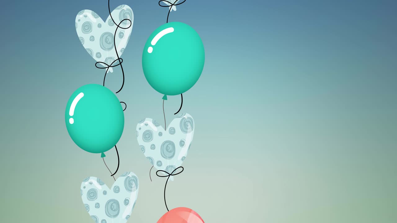 animación de globos y corazones coloridos con espacio de copia sobre fondo azul