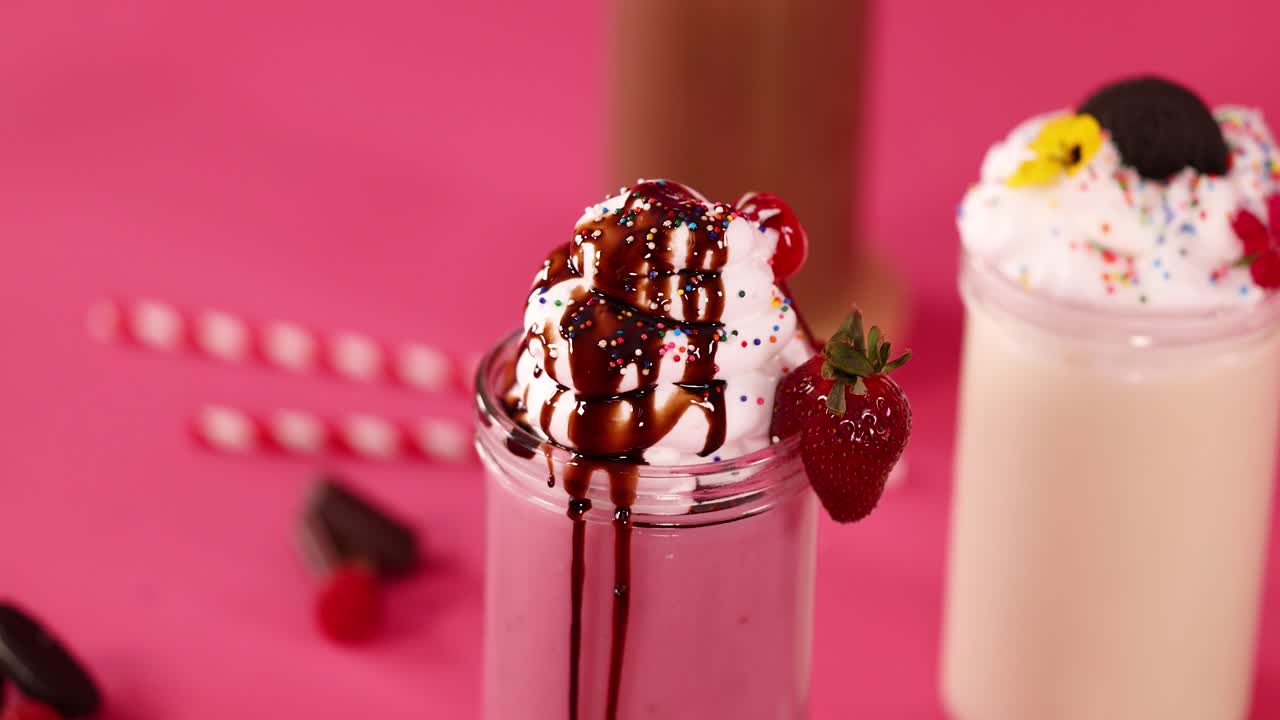 Close-up of creamy strawberry milkshake topped with whipped cream, chocolate syrup, cherry, and sprinkles