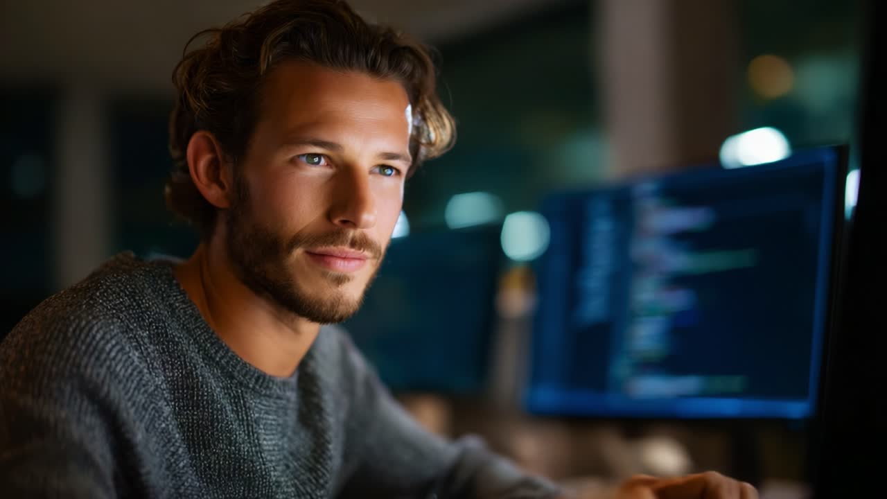 Focused Man Working Late at Night on Computer Programming with Multiple Monitors Showing Code and Data, Captured in an Intimate Work Environment