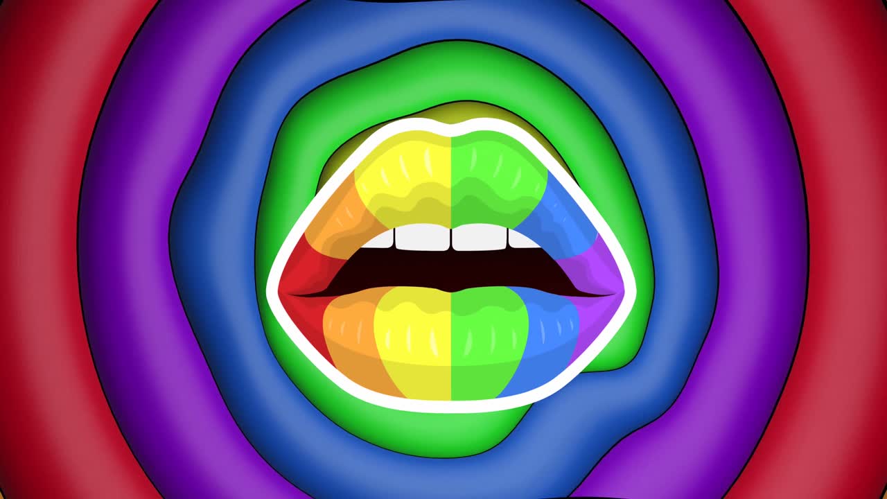 animación de labios de arco iris sobre círculos de arco iris y colores que se mueven en un bucle sin costuras.