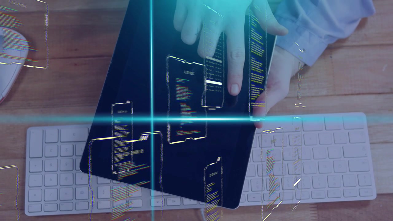 Glowing HUD appearing, right hand lifting tablet and tapping, dragging panels to organize code