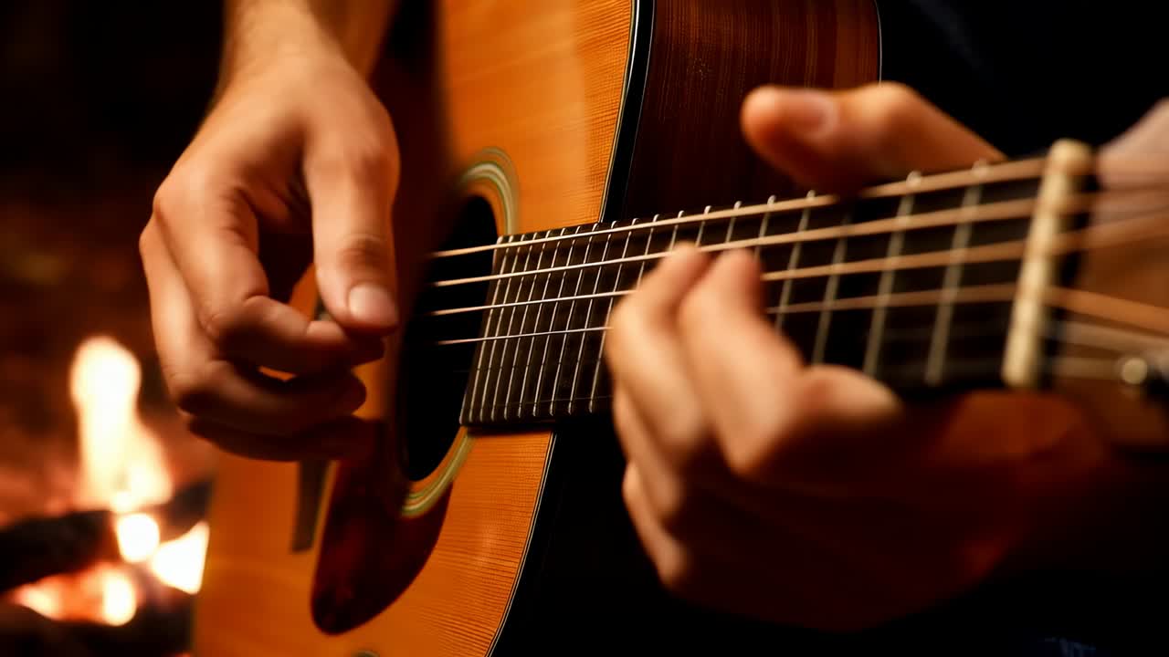 Musicista che pizzica le corde di una chitarra acustica con le mani in una manica scura, cambiando gli accordi al primo pizzico accanto al fuoco