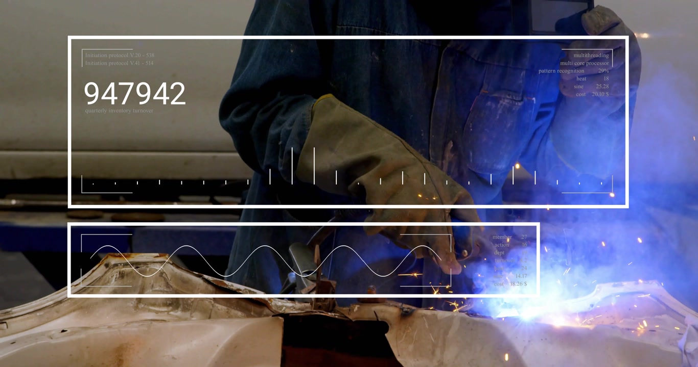 Welder raising torch, igniting blue arc, shifting and repairing auto panel, HUD updating above seam