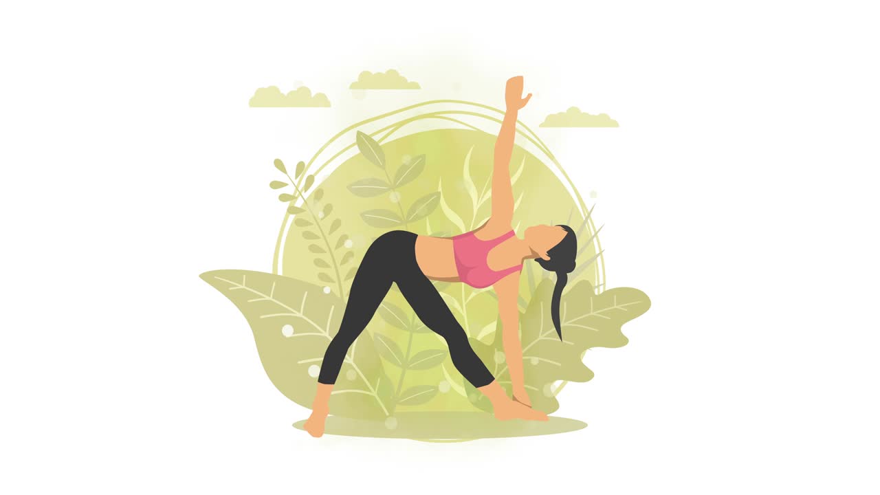 자연에서 요가 운동을 하는 여성. 삼각형 포즈. 요가 포즈를 보여주는 여성 만화 캐릭터. 건강한 생활 방식. 루프 애니메이션.