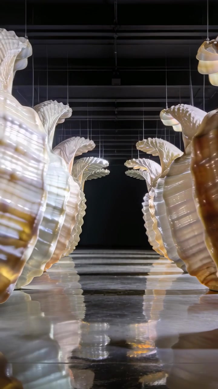 Video verticale: Telecamera che parte dal basso e avanza lungo il corridoio di una galleria, rivelando conchiglie perlescenti.