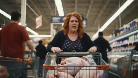 a distressed shopper faces dilemma in supermarket aisle while maneuvering shopping cart loaded with fresh poultry