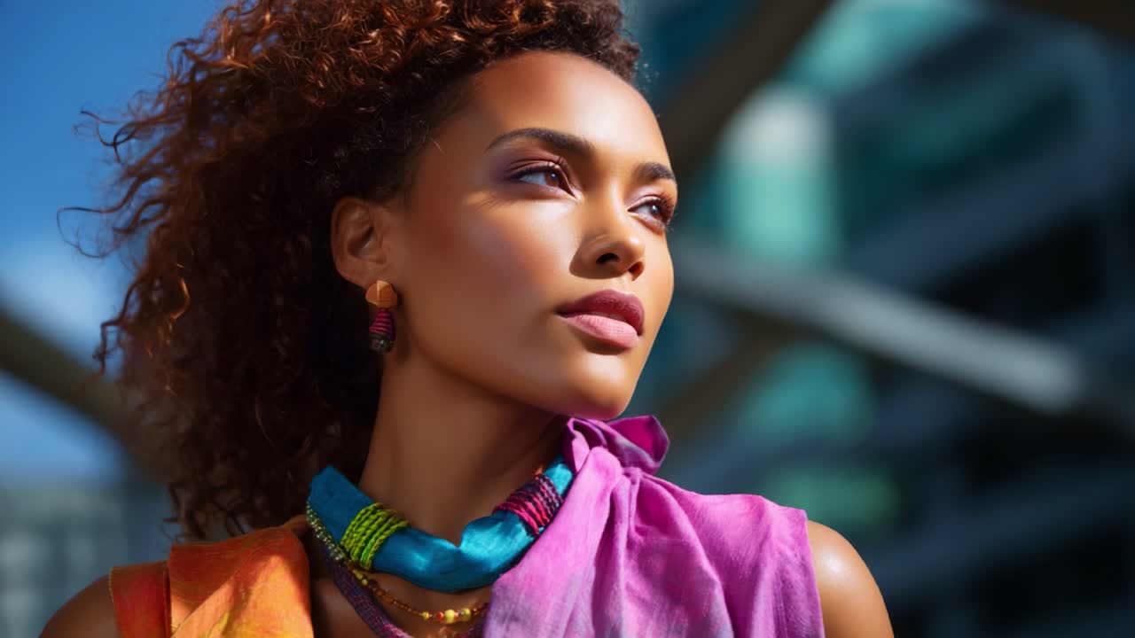 Una donna sicura di sé si gode la luce del sole, mettendo in mostra colori vivaci e accessori alla moda unici in un ambiente urbano luminoso con un'espressione pensierosa