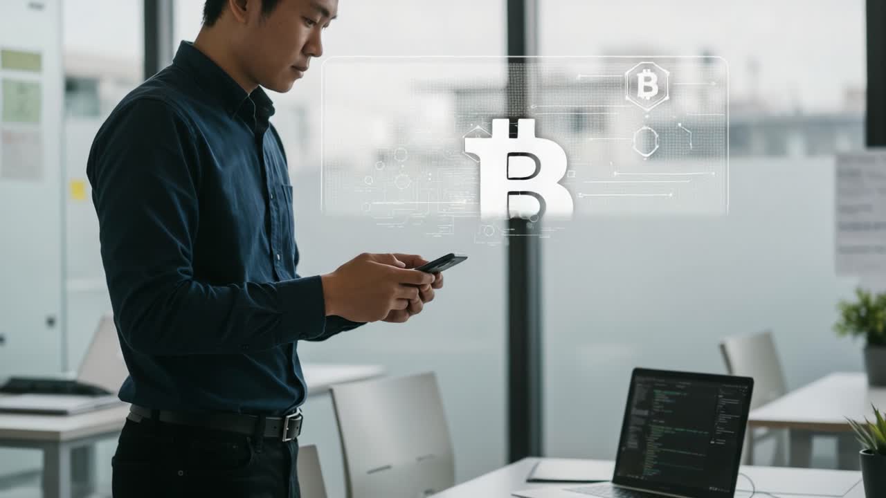 A focused individual engages with cryptocurrency on a mobile device while standing beside a laptop in a modern office environment, symbolizing the rise of digital finance