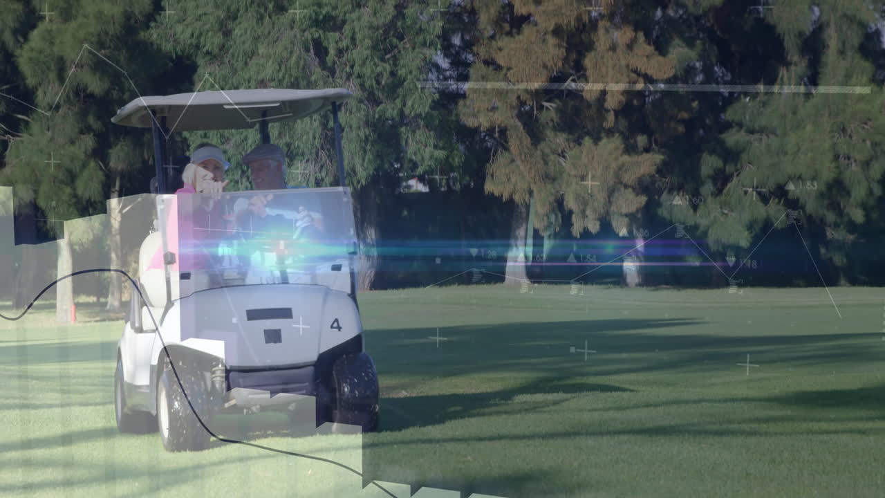 Senior golfers driving golf cart on fairway, showing animated technology charts and data overlays
