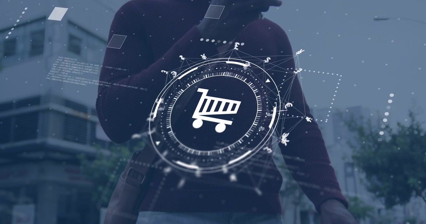 Man raising smartphone in shop window for shopping, AR shopping-cart HUD rotating and adding nodes