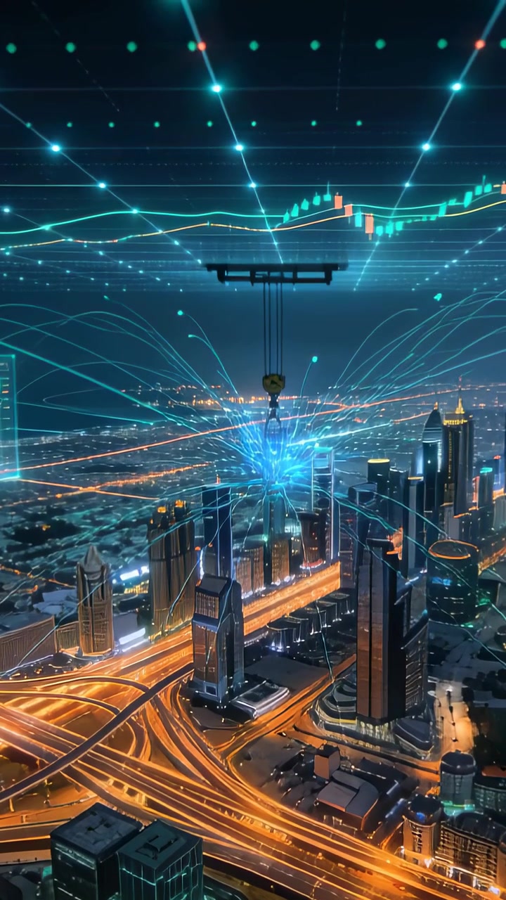 Video verticale: Gancio della piattaforma che si abbassa sulla città, scintilla che forma un'orbita blu, collegando le torri alla rete