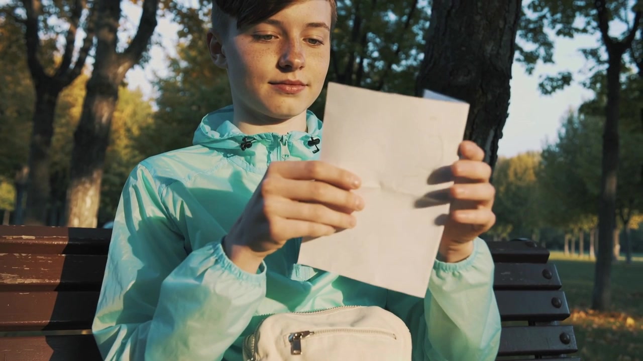 Unzipping white bag teen in seafoam jacket reaching in unfolding and reading letter on park bench