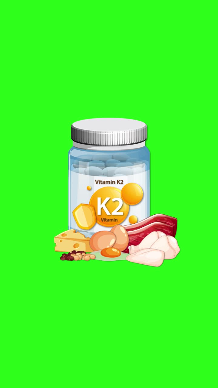 Botol Vitamin K2 dengan keju, daging, telur, dan kacang-kacangan di atas latar belakang hijau cerah, terpusat