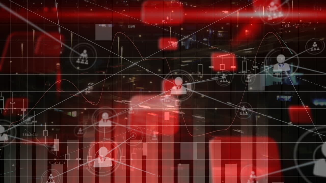 다양한 금융 데이터와 연결 네트워크의 애니메이션은 빨간 화면에 아이콘을 가지고 있습니다.