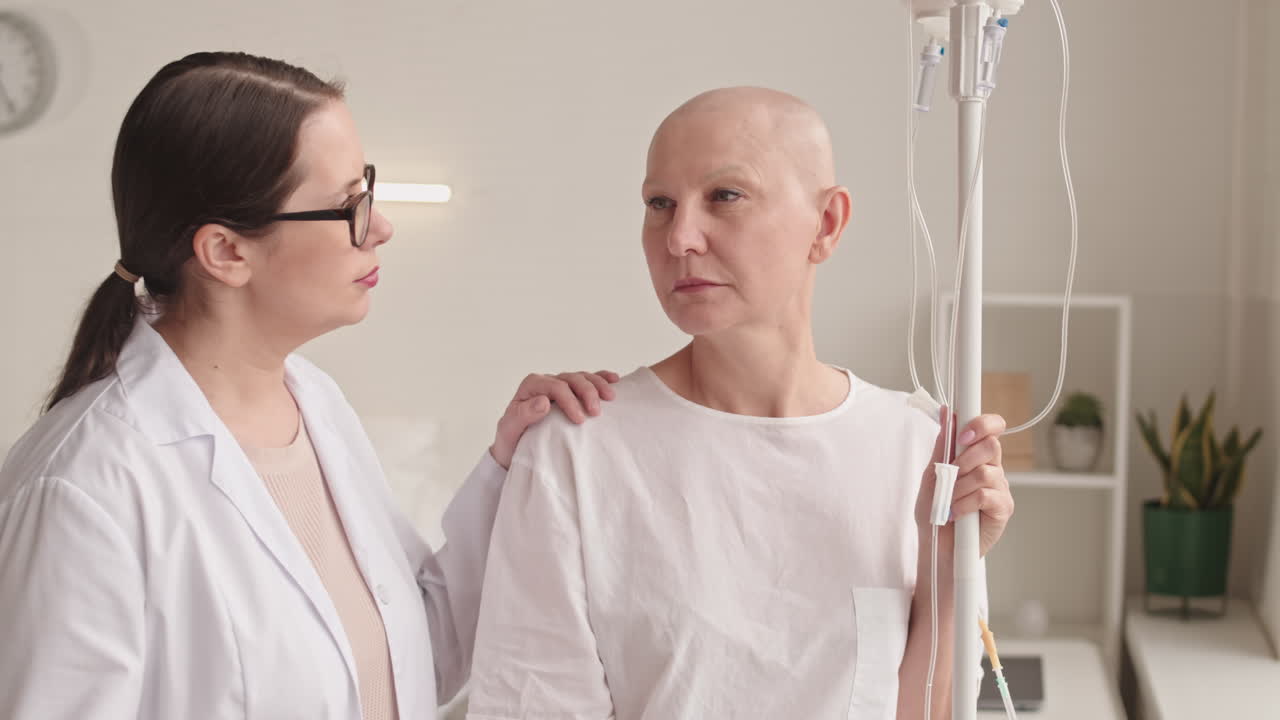 Hairless Female Having Oncology in Hospital Room