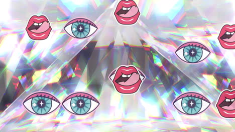 animación de iconos de ojos y labios que se mueven sobre cristales brillantes