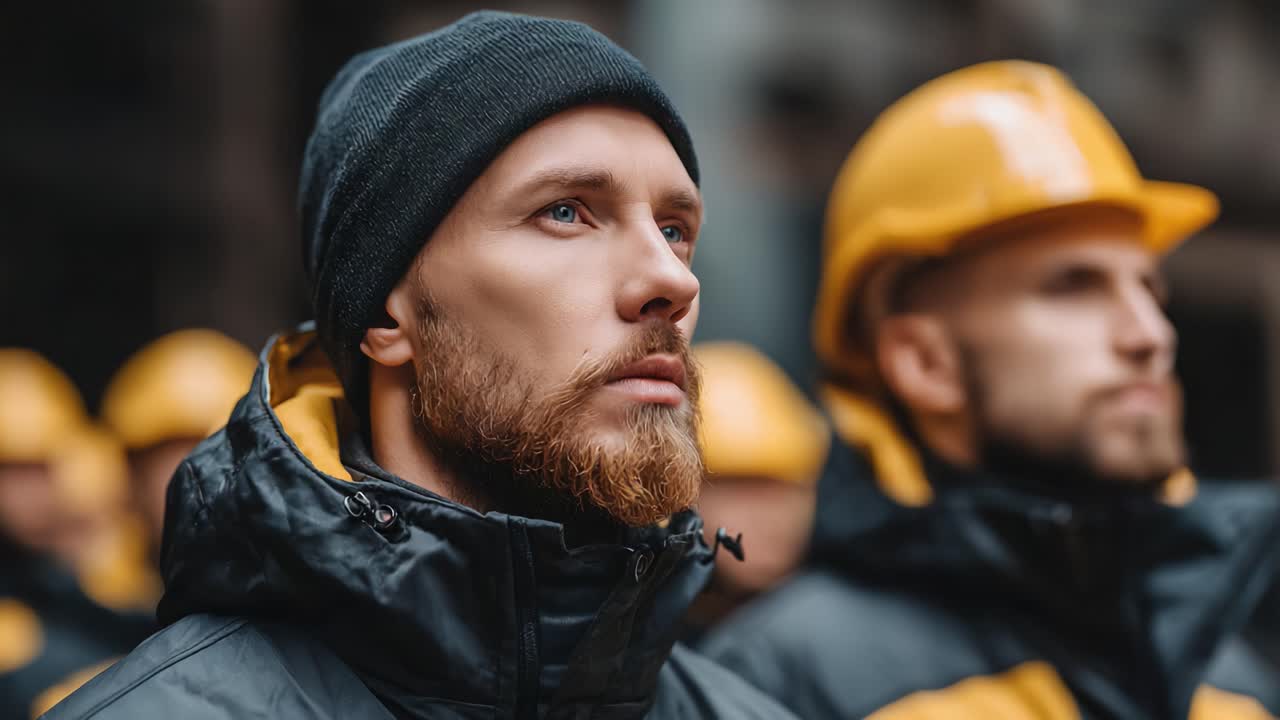 Focused Team of Construction Workers in Safety Gear Displaying Determination and Readiness for the Next Project Phase with Safety Helmets and Warm Clothing