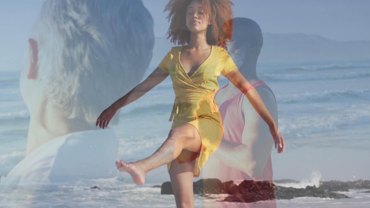 Donna che balla sulla spiaggia, uomo che guarda l'oceano, con un volto sovrapposto che si fonde con le onde, per il design grafico