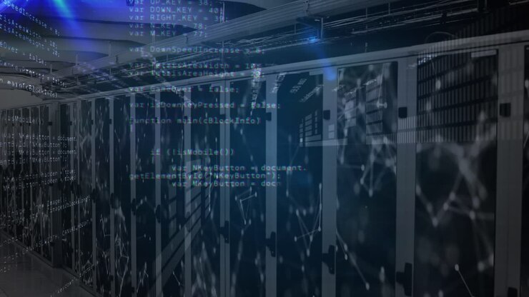 Animation of data processing and blue lights over servers
