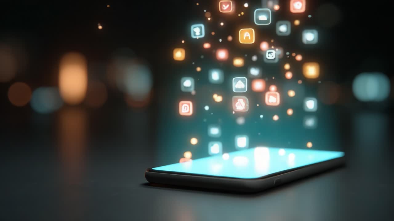 A Captivating Visualization of Digital Interaction: Floating Icons Emanating from a Mobile Device, Signifying the Modern Connectivity and Communication Era
