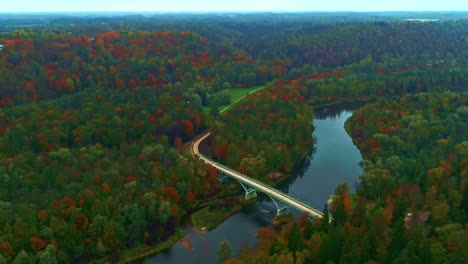 Árboles-Otoñales-Verdes,-Naranjas-Y-Amarillos,-Paisaje-De-Gran-Vegetación-Con-Río-Entre-Un-Entorno-Natural-Prístino-Y-Fluido,-Drones-Aéreos-Panorámicos-En-Cámara-Lenta-Con-Vista-De-Mosca.