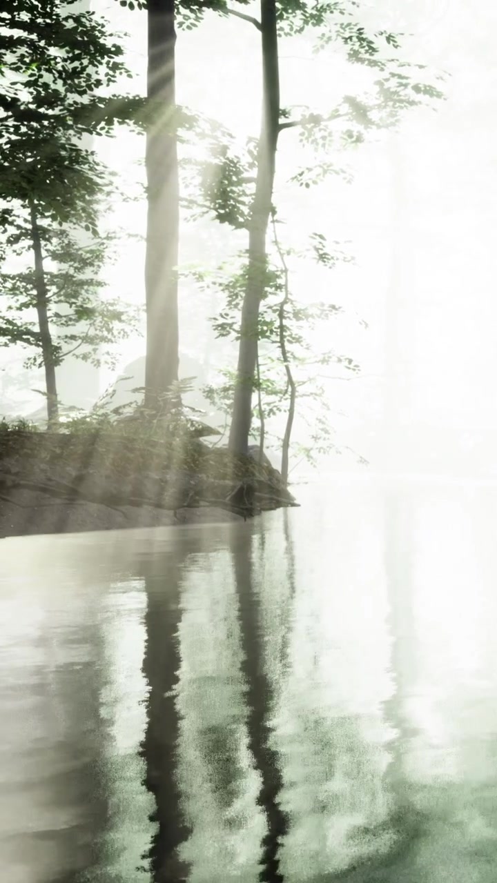 Fog surrounds trees near a calm river during early morning hours in a forest