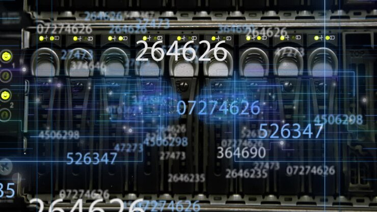Animation of neon shapes and data processing over server room