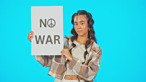 portrait, poster and peace with a woman on a blue