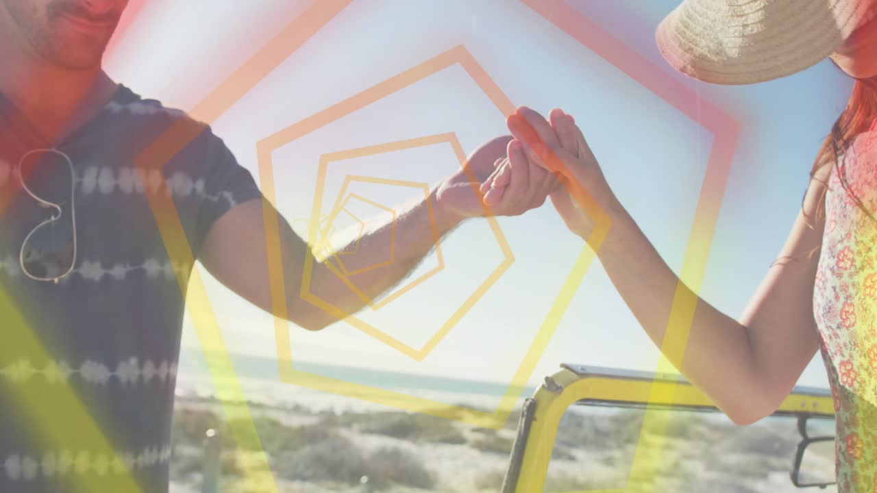 Couple at yellow vehicle, man reaching and pulling woman up, overlays tracing gesture for travel