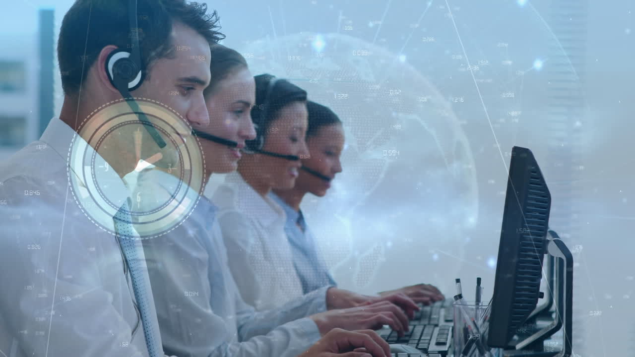 Animation of data processing over diverse business people using phone headsets