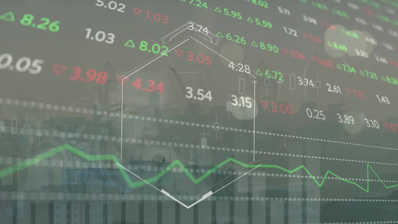 animación del procesamiento de datos financieros sobre el paisaje urbano y el fondo oscuro