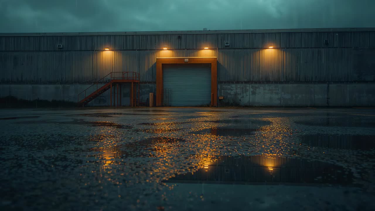 Rippling puddles reflecting amber lights on warehouse door with breeze shifting clouds, dusk calm