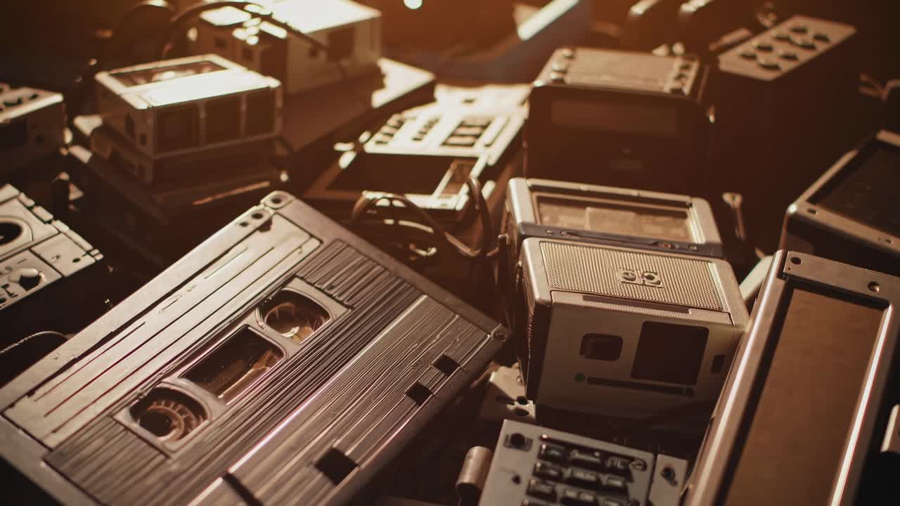 Vintage video and audio cassettes scattered, captured from a low-angle
