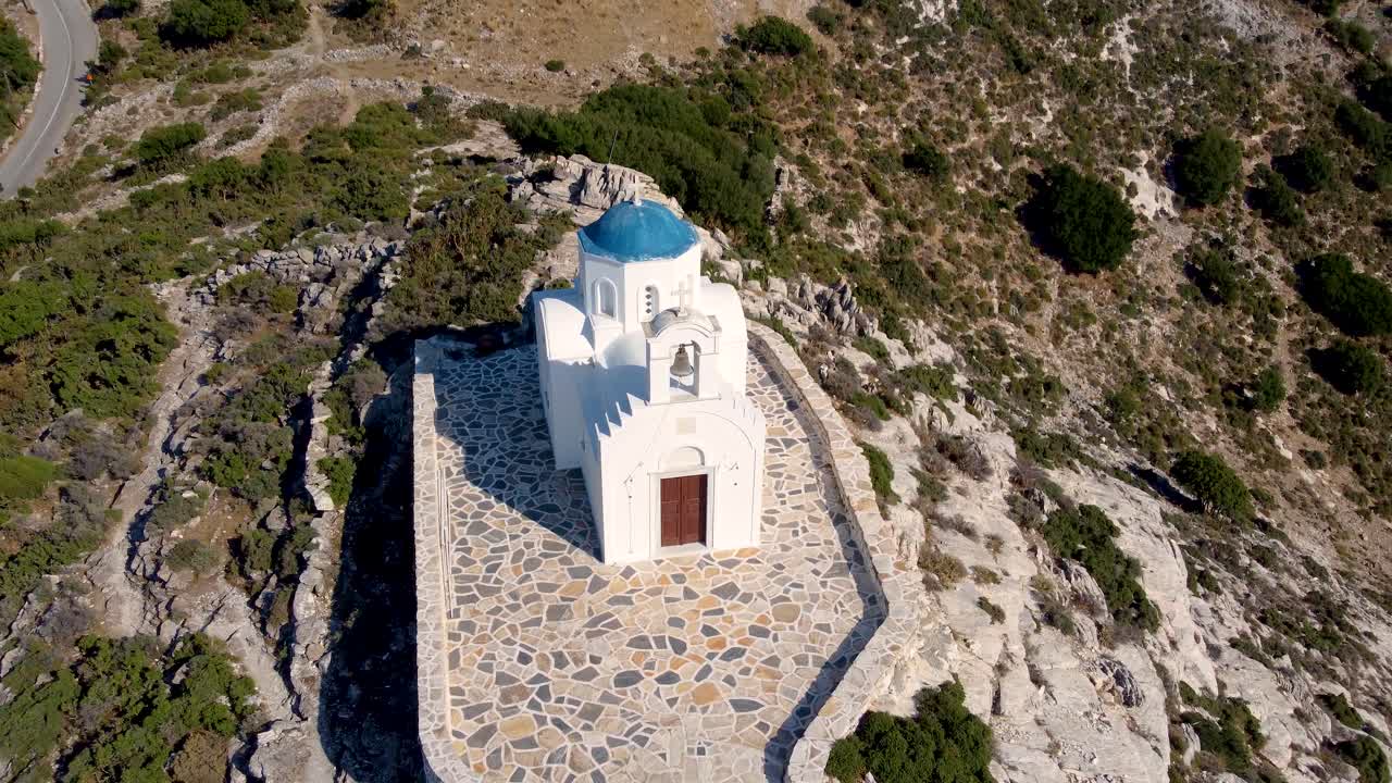Aerial Revealing Tilt of Agia Marina Chapel Site, Naxos, Greece