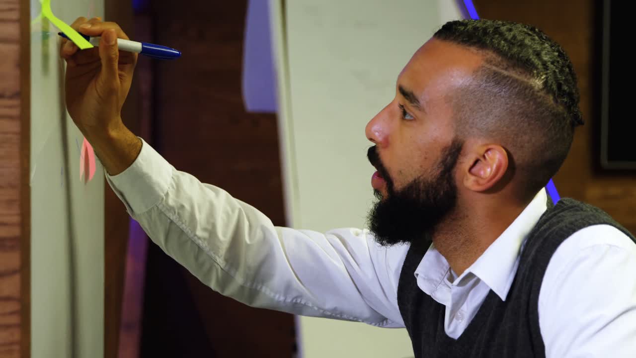 ejecutivo trabajando en una pizarra de vidrio en la oficina 4k