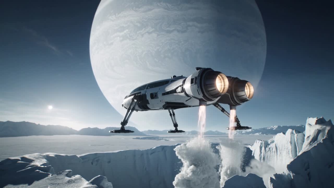Accendendo i motori gemelli, un lander futuristico si solleva per sfuggire a una crepa sotto un gigante gassoso, spazzando via la neve.