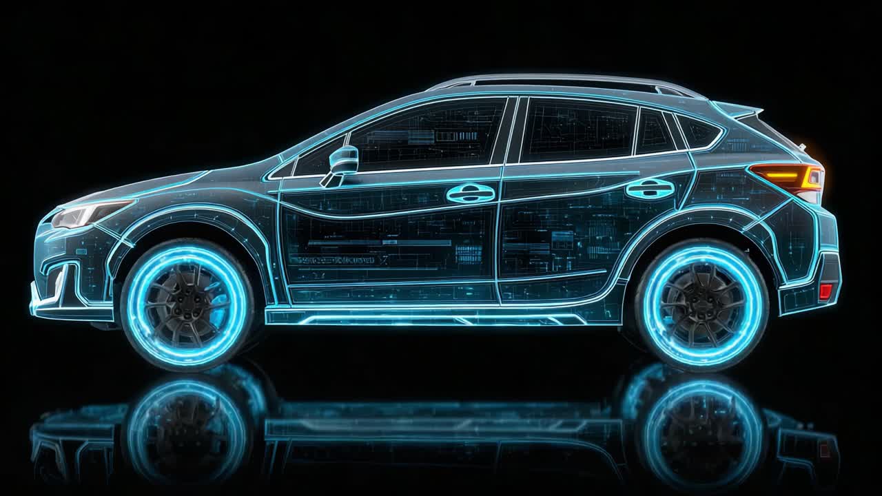 Design futuristico di un'auto: un'illustrazione high-tech che mostra le caratteristiche digitali e la luminosità di un moderno crossover con un'estetica blu neon