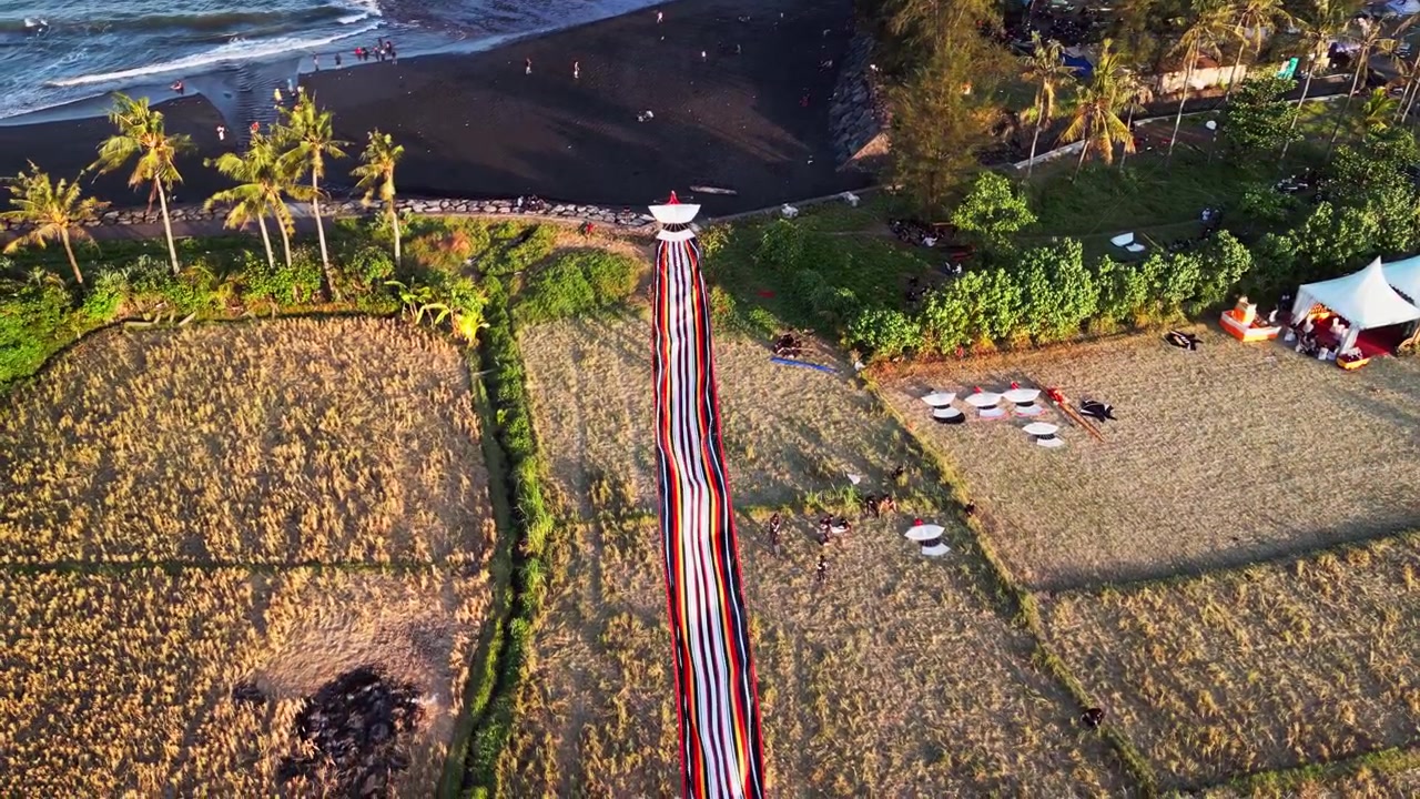 Riprese aeree con drone di un aquilone gigante a strisce che vola sopra un campo mietuto e secco, vicino a una costa di sabbia nera, con una folla festiva e aquiloni più piccoli a Bali, Indonesia.