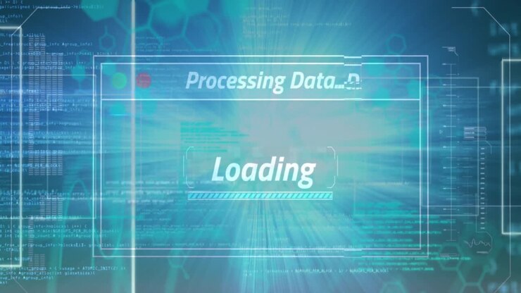 Animation of interface with data processing and light spot against blue background