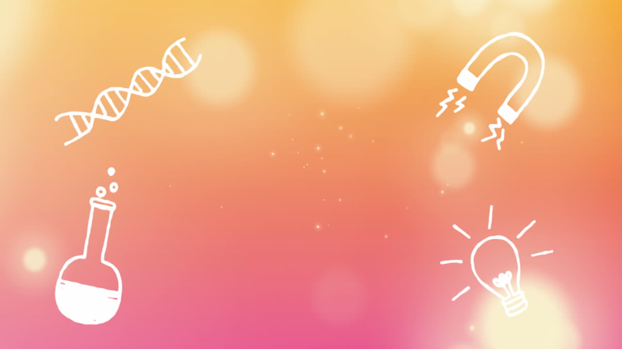 Animation of drawing of dna helix, magnet, liquid filled beaker and light bulb over lens flares