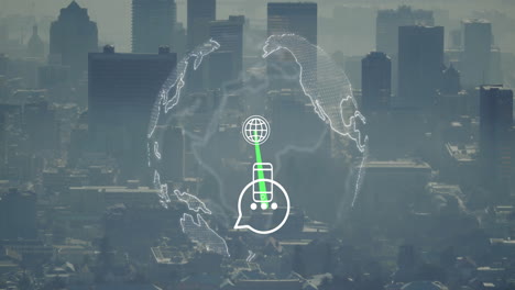 global communication animation with skyscrapers in cityscape background