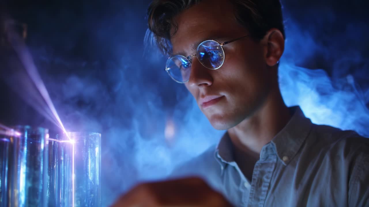 A focused young scientist in glasses engages with a scientific experiment, carefully observing reactions in glass test tubes under a mystical blue light, surrounded by a smoky atmosphere