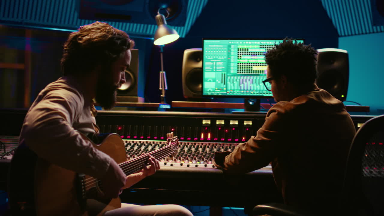 Composer musician recording a new song on his electro acoustic guitar