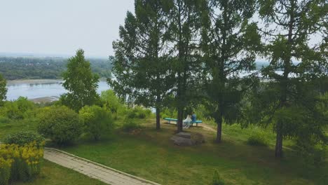 newlywed-couple-near-fir-tree-on-hill-against-river-panorama